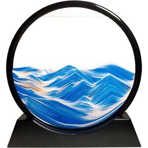 Moving Sand Art Picture Ocean Décor Round Glass Frame Display Flowing (Blue 7")